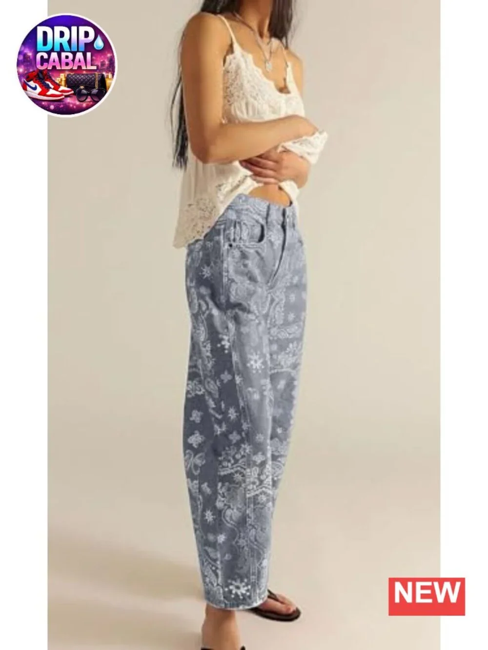 Wide Leg Floral Print Jeans with Pockets - Mid Rise Y2K